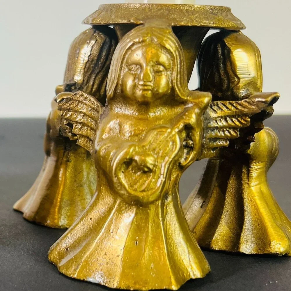Set Of 2 Vintage Brass Trio Angel Tapered‎ Candle Holders 3